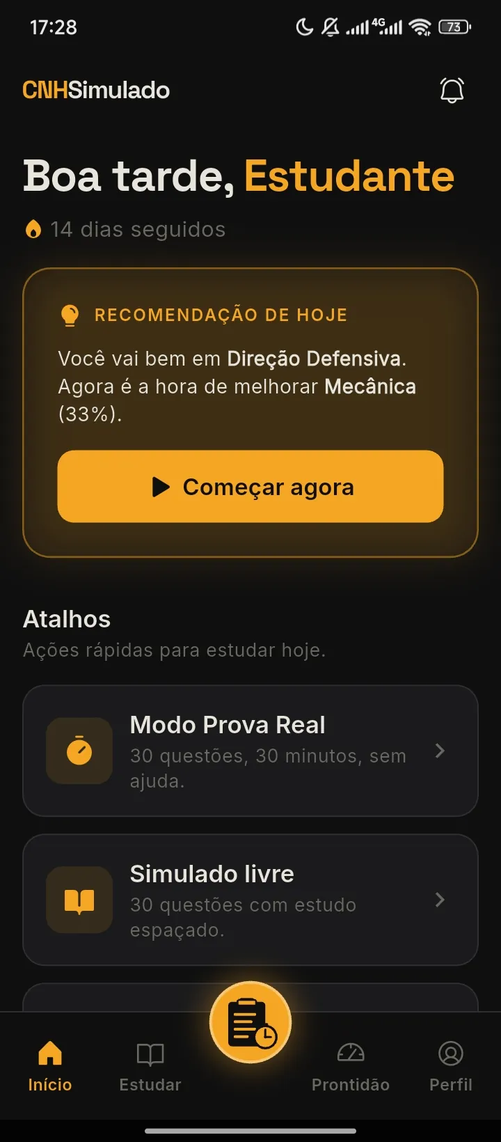 Tela inicial do app com a recomendação de estudo do dia