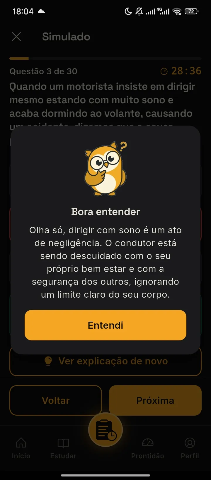 Explicação de uma questão errada, com a coruja do app