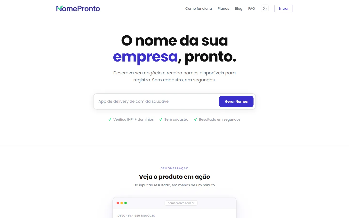 Página inicial do NomePronto com o campo para descrever o negócio